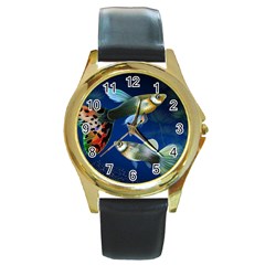 Marine Fishes Round Gold Metal Watch by Ket1n9