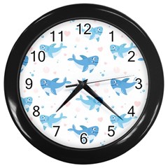 Seamless Pattern With Cute Sharks Hearts Wall Clock (Black)