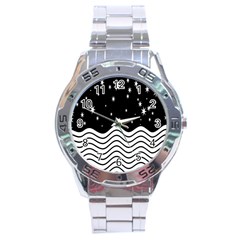 Black And White Waves And Stars Abstract Backdrop Clipart Stainless Steel Analogue Watch by Hannah976