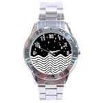 Black And White Waves And Stars Abstract Backdrop Clipart Stainless Steel Analogue Watch Front