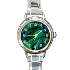 Tropical Green Leaves Background Round Italian Charm Watch