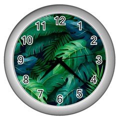 Tropical Green Leaves Background Wall Clock (silver)