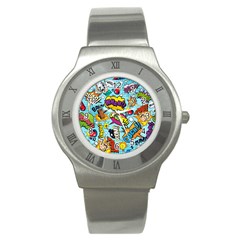 Comic Elements Colorful Seamless Pattern Stainless Steel Watch by Hannah976