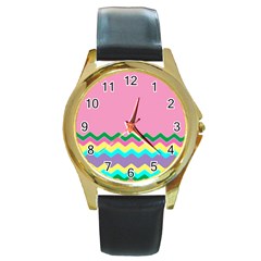 Easter Chevron Pattern Stripes Round Gold Metal Watch