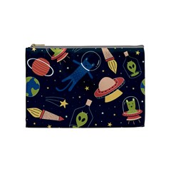 Seamless Pattern With Funny Alien Cat Galaxy Cosmetic Bag (medium) by Ndabl3x