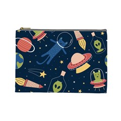 Seamless Pattern With Funny Alien Cat Galaxy Cosmetic Bag (large) by Ndabl3x