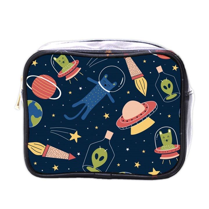 Seamless Pattern With Funny Alien Cat Galaxy Mini Toiletries Bag (One Side)