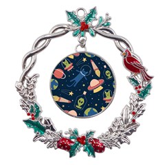 Seamless Pattern With Funny Alien Cat Galaxy Metal X mas Wreath Holly Leaf Ornament by Ndabl3x