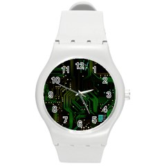 Circuits Circuit Board Green Technology Round Plastic Sport Watch (m) by Ndabl3x