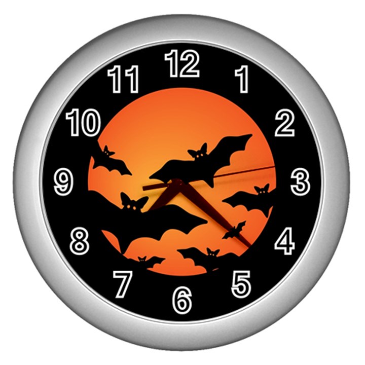 Halloween Bats Moon Full Moon Wall Clock (Silver)