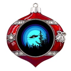 Ufo Alien Night Sky Night Metal Snowflake And Bell Red Ornament by Cendanart