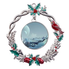 Mountain Covered Snow Mountains Clouds Fantasy Art Metal X mas Wreath Holly Leaf Ornament by Cendanart