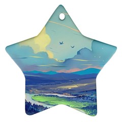 Mountains And Trees Illustration Painting Clouds Sky Landscape Star Ornament (two Sides)