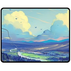 Mountains And Trees Illustration Painting Clouds Sky Landscape Fleece Blanket (medium) by Cendanart
