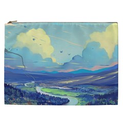 Mountains And Trees Illustration Painting Clouds Sky Landscape Cosmetic Bag (xxl)