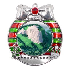 Green And White Polygonal Mountain Metal X Mas Ribbon With Red Crystal Round Ornament