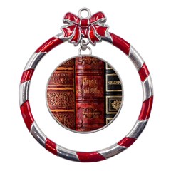 Books Old Metal Red Ribbon Round Ornament