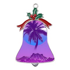 Palm Tree Vaporwave Synthwave Retro Style Metal Holly Leaf Bell Ornament by Cendanart