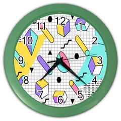Tridimensional Pastel Shapes Background Memphis Style Color Wall Clock by Bedest