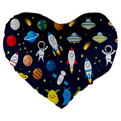 Big Set Cute Astronauts Space Planets Stars Aliens Rockets Ufo Constellations Satellite Moon Rover V Large 19  Premium Flano Heart Shape Cushions by Bedest