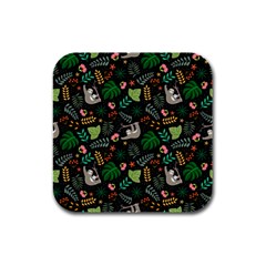Floral Pattern With Plants Sloth Flowers Black Backdrop Rubber Square Coaster (4 Pack) by Bedest