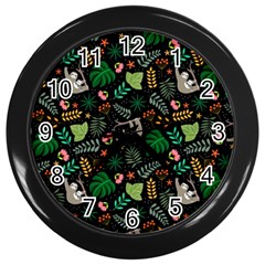 Floral Pattern With Plants Sloth Flowers Black Backdrop Wall Clock (black) by Bedest