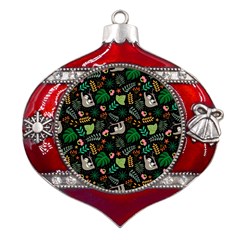 Floral Pattern With Plants Sloth Flowers Black Backdrop Metal Snowflake And Bell Red Ornament