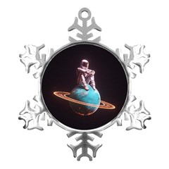 Stuck On Saturn Astronaut Planet Space Metal Small Snowflake Ornament by Cendanart