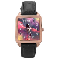 Aesthetic Astronautics Atmosphere Blue Clouds Cosmos Fantasy Galaxy Rose Gold Leather Watch 