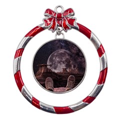 In The Cosmos Moon Sci-fi Space Sky Metal Red Ribbon Round Ornament by Cendanart