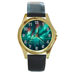 Aurora Borealis Snow Round Gold Metal Watch by Ndabl3x