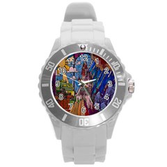 Castle Building Stained Glass Round Plastic Sport Watch (l) by Cendanart