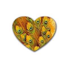 Peacock Feathers Green Yellow Rubber Heart Coaster (4 Pack) by Bedest