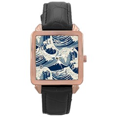 Japanese Wave Pattern Rose Gold Leather Watch  by Cendanart