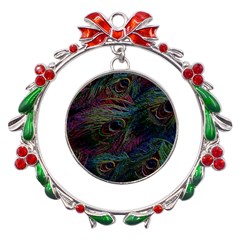 Peacock Feather Paradise Metal X mas Wreath Ribbon Ornament by Cendanart