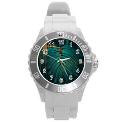 Dark Green Leaves Leaf Round Plastic Sport Watch (l)