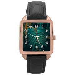 Dark Green Leaves Leaf Rose Gold Leather Watch 