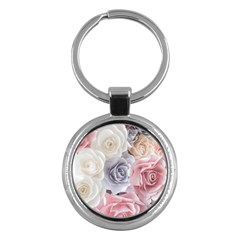 Pastel Rose Flower Blue Pink White Key Chain (round)