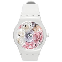 Pastel Rose Flower Blue Pink White Round Plastic Sport Watch (m) by Cemarart