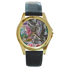 Wing On Abstract Delta Round Gold Metal Watch