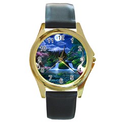 Flamingo Paradise Scenic Bird Fantasy Moon Paradise Waterfall Magical Nature Round Gold Metal Watch by Ndabl3x