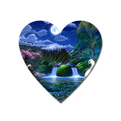 Flamingo Paradise Scenic Bird Fantasy Moon Paradise Waterfall Magical Nature Heart Magnet by Ndabl3x