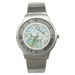 Couple Peacock Bird Spring White Blue Art Magnolia Fantasy Flower Stainless Steel Watch by Ndabl3x