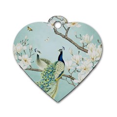Couple Peacock Bird Spring White Blue Art Magnolia Fantasy Flower Dog Tag Heart (one Side) by Ndabl3x