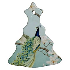 Couple Peacock Bird Spring White Blue Art Magnolia Fantasy Flower Christmas Tree Ornament (two Sides) by Ndabl3x