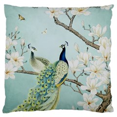 Couple Peacock Bird Spring White Blue Art Magnolia Fantasy Flower Large Cushion Case (two Sides) by Ndabl3x