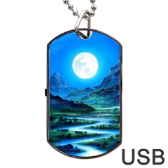 Bright Full Moon Painting Landscapes Scenery Nature Dog Tag Usb Flash (two Sides) by Ndabl3x