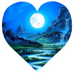 Bright Full Moon Painting Landscapes Scenery Nature Wooden Puzzle Heart by Ndabl3x