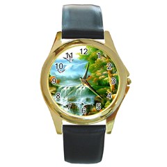 Paradise Forest Painting Bird Deer Waterfalls Round Gold Metal Watch by Ndabl3x