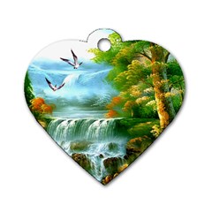 Paradise Forest Painting Bird Deer Waterfalls Dog Tag Heart (two Sides) by Ndabl3x